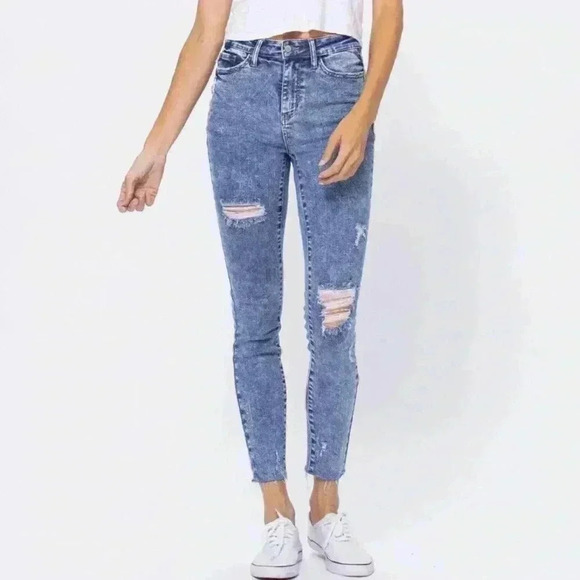 Judy Blue Acid Wash Distress Highrise Stretch Tummy Control Ankle Jean Size 7/27 - Picture 2 of 16